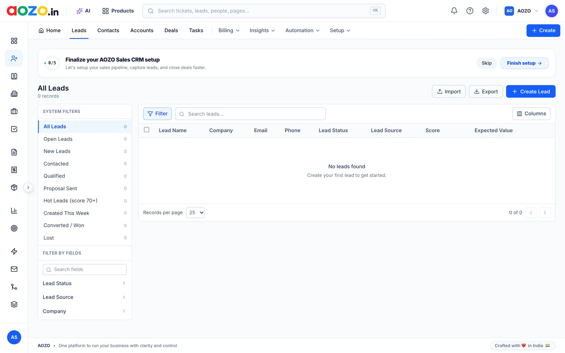 Leads with saved views, scoring and source tracking